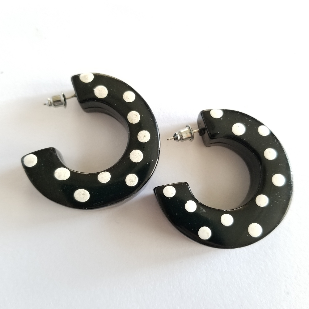 Vintage earrings Polka dot hoop earrings black and white chunky funky